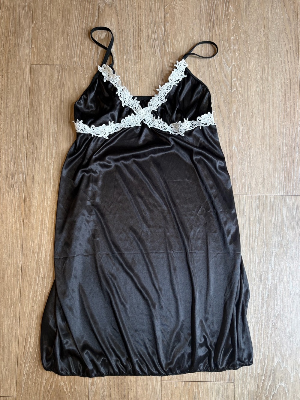 Black Satin/Silk Chemise w/ White Lace Trim